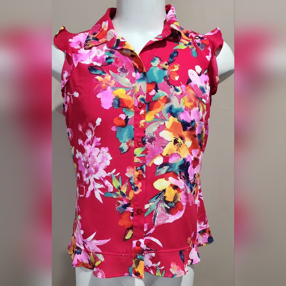NWT NY&Company Floral Flounced-Hem Blouse Size Large
